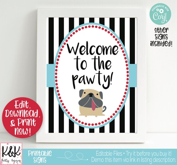 Puppy Dog Party Signs, Puppy Dog Welcome Signs, Puppy Dog Birthday Party Decorations, 1st Birthday, First Birthday, Puppy Printable, Editabl Il_570xn