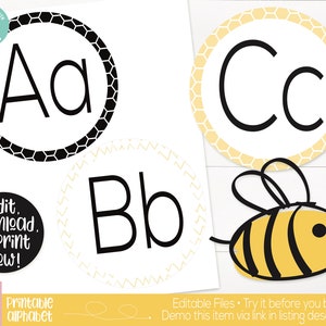 Bee Classroom Alphabet Banner Printable, Bee Theme, Teacher Supply, Classroom Teacher Decoration and Supplies, Alphabet Wall Poster Cards
