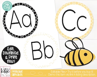 Bee Classroom Alphabet Banner Printable, Bee Theme, Teacher Supply, Classroom Teacher Decoration and Supplies, Alphabet Wall Poster Cards