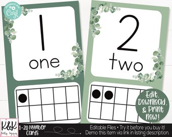 Calm Botanical Farmhouse Theme Classroom 1-20 Number Cards Printable, Teacher Supply for Math Center, Printable Teacher Classroom Decoration