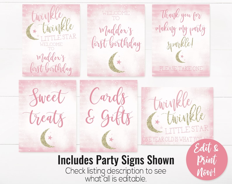 Twinkle Twinkle Little Star Party Decorations, Twinkle Little Star Party Sign, First Birthday Girl, Girl 1st Birthday, Editable Instant image 2