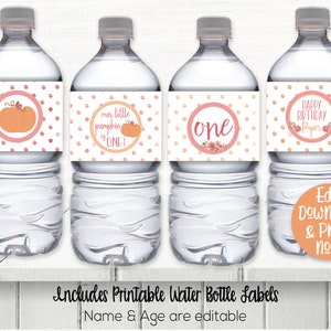 May include: Four printable water bottle labels with a pumpkin, floral, and polka dot design. The labels say "our little pumpkin is one", "one", and "Happy Birthday Piper".