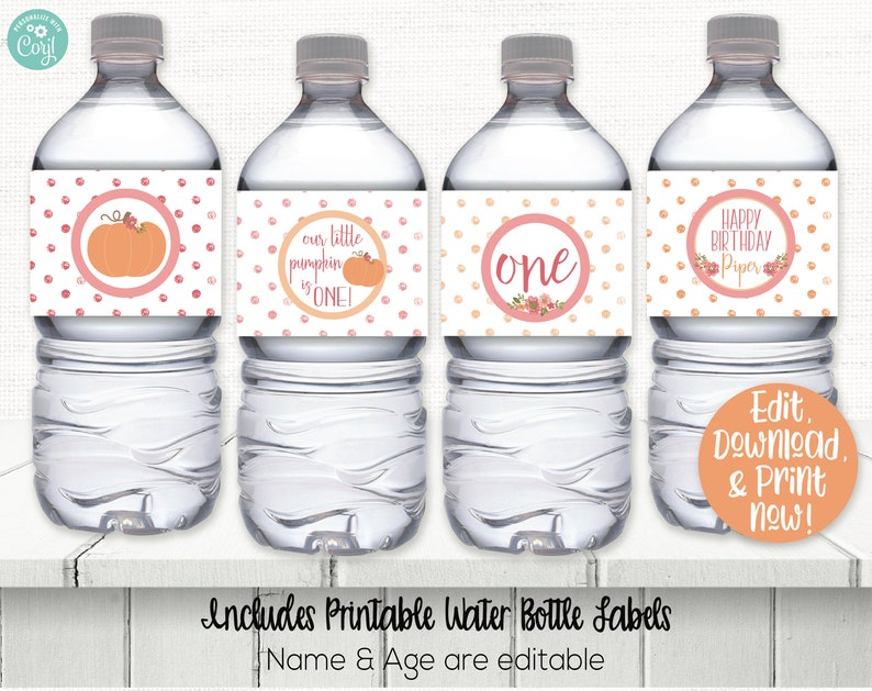 May include: Four printable water bottle labels with a pumpkin, floral, and polka dot design. The labels say "our little pumpkin is one", "one", and "Happy Birthday Piper".