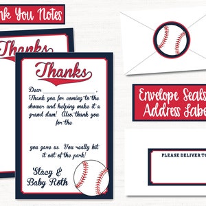 May include: Two printable thank you cards with a baseball theme. The cards are navy blue and white with red accents. The text on the cards reads "Thanks" and "Dear". The cards also feature a baseball graphic.