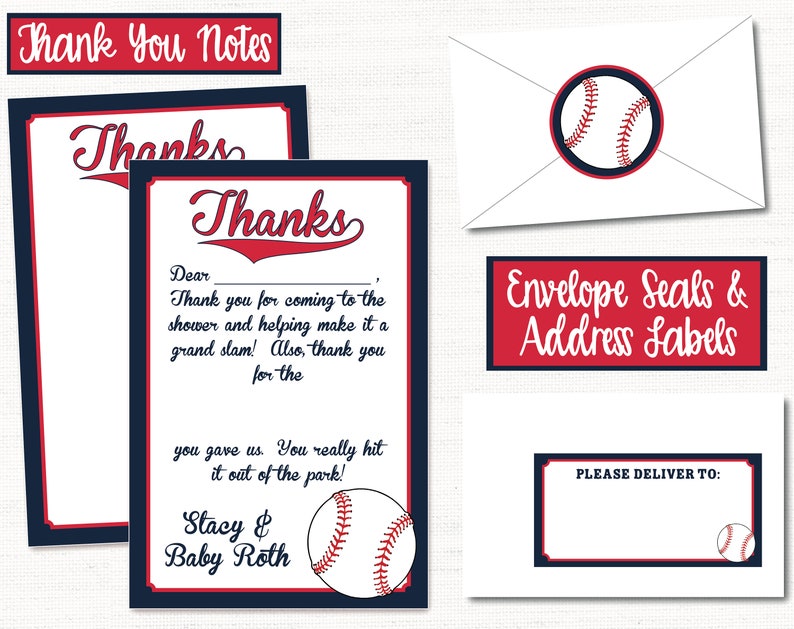 May include: Two printable thank you cards with a baseball theme. The cards are navy blue and white with red accents. The text on the cards reads "Thanks" and "Dear". The cards also feature a baseball graphic.