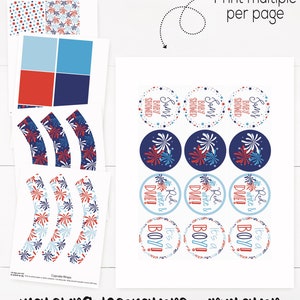 May include: Printable cupcake wrappers and round favor tags featuring a red, white, and blue fireworks design with the text "Sam's Baby Shower" and "It's a Boy! Red, White & Due!"