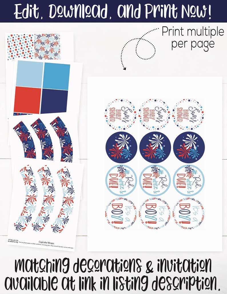 May include: Printable cupcake wrappers and round favor tags featuring a red, white, and blue fireworks design with the text "Sam's Baby Shower" and "It's a Boy! Red, White & Due!"