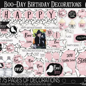 Op de afbeelding: Een set printbare Halloween-feestdecoraties met een roze en zwarte kleurstelling en een spookthema. De decoraties omvatten een banner, cupcaketoppers, traktatiezakjes, voedseletiketten en meer. De tekst "Boo-Day Birthday Decorations" staat bovenaan de afbeelding. De tekst "Over 75 Pages of Decorations" staat onderaan de afbeelding.