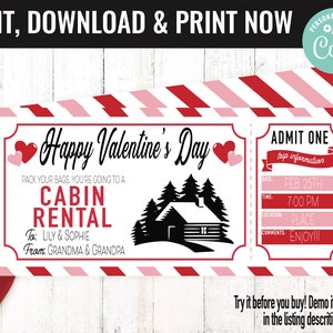 Valentine Surprise Cabin Rental Trip Gift Voucher, Cabin Rent Trip Printable Template Gift Card, Editable Instant Download Gift Certificate