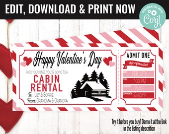 Valentine Surprise Cabin Rental Trip Gift Voucher, Cabin Rent Trip Printable Template Gift Card, Editable Instant Download Gift Certificate