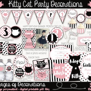 Op de afbeelding: Een set met printbare feestversieringen met een zwarte kat met roze stippen. De versieringen omvatten een banner, cupcaketoppers, vlaggen, voedseletiketten en meer. De tekst "Kitty Cat Party Decorations" staat bovenaan de afbeelding. De tekst "70 Pages of Decorations" staat onderaan de afbeelding.