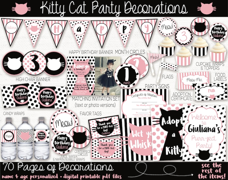 Op de afbeelding: Een set met printbare feestversieringen met een zwarte kat met roze stippen. De versieringen omvatten een banner, cupcaketoppers, vlaggen, voedseletiketten en meer. De tekst "Kitty Cat Party Decorations" staat bovenaan de afbeelding. De tekst "70 Pages of Decorations" staat onderaan de afbeelding.