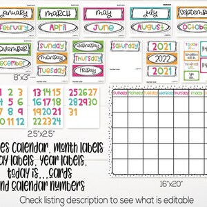 Bright Colors Rainbow Theme Classroom Calendar Set Printable, Teacher ...