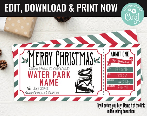 Christmas Surprise Water Park Ticket Gift Voucher, Water Park Trip Printable Template Gift Card, Editable Instant Download Gift Certificate Il_570xn