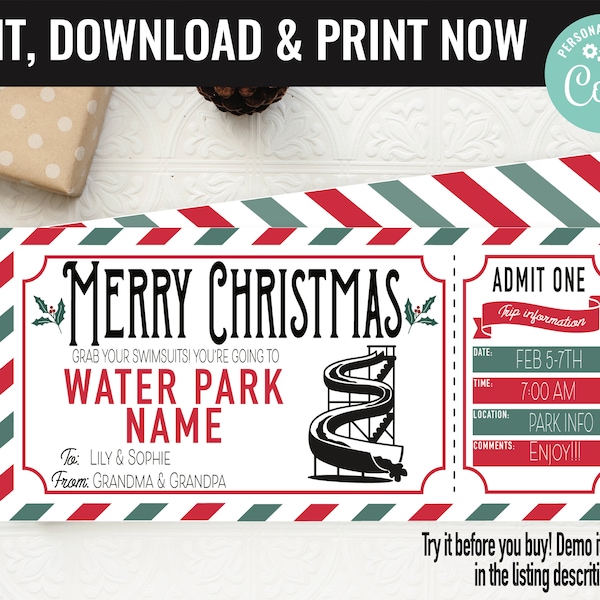 Christmas Surprise Water Park Ticket Gift Voucher, Water Park Trip Printable Template Gift Card, Editable Instant Download Gift Certificate