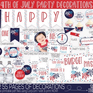 4th of July Birthday Party Decorations & Invitation, Our little firecracker, red white and blue, Patriotic Independence Day Birthday, 1st