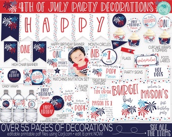 4th of July Birthday Party Decorations & Invitation, Our little firecracker, red white and blue, Patriotic Independence Day Birthday, 1st