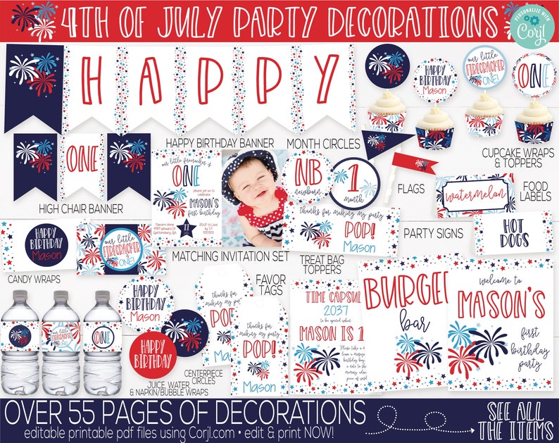 Puede incluir: Un conjunto de decoraciones de fiesta imprimibles para una fiesta de cumplea&ntilde;os con tem&aacute;tica del 4 de julio. Las decoraciones presentan colores rojo, blanco y azul con un motivo de fuegos artificiales. El texto "Happy Birthday Mason" y "Burgei Mason's Bar" est&aacute;n incluidos en el dise&ntilde;o.