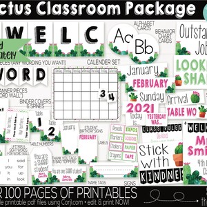May include: A classroom decor printable pack featuring a cactus theme. The pack includes alphabet cards, behavior chart cards, table numbers, welcome signs, and more. The printable pack is available in PDF format and can be edited and printed using Corjl.com.