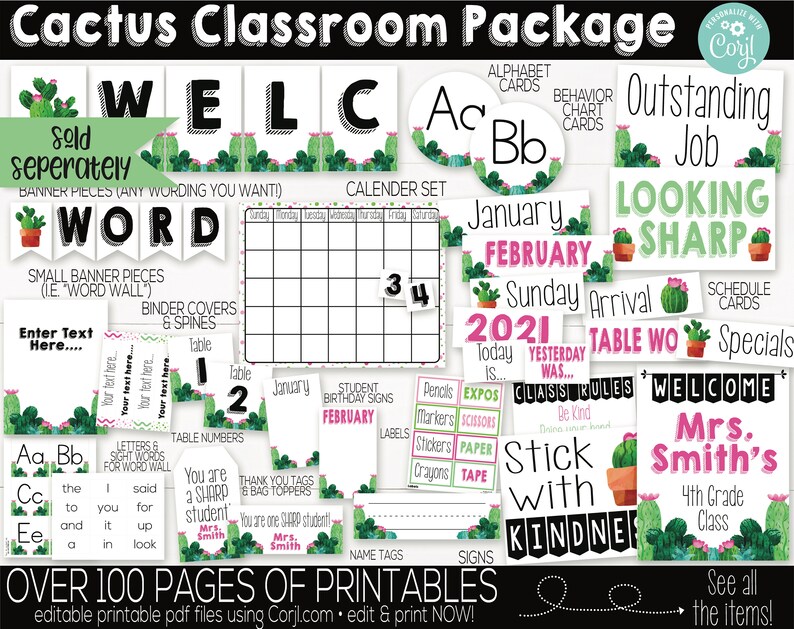 May include: A classroom decor printable pack featuring a cactus theme. The pack includes alphabet cards, behavior chart cards, table numbers, welcome signs, and more. The printable pack is available in PDF format and can be edited and printed using Corjl.com.