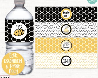 Bee Water Bottle Labels, Bee Drink Labels, Bee Birthday Party Decorations, Bee Day, 1st Birthday, First Birthday, Bee Printable, Editable