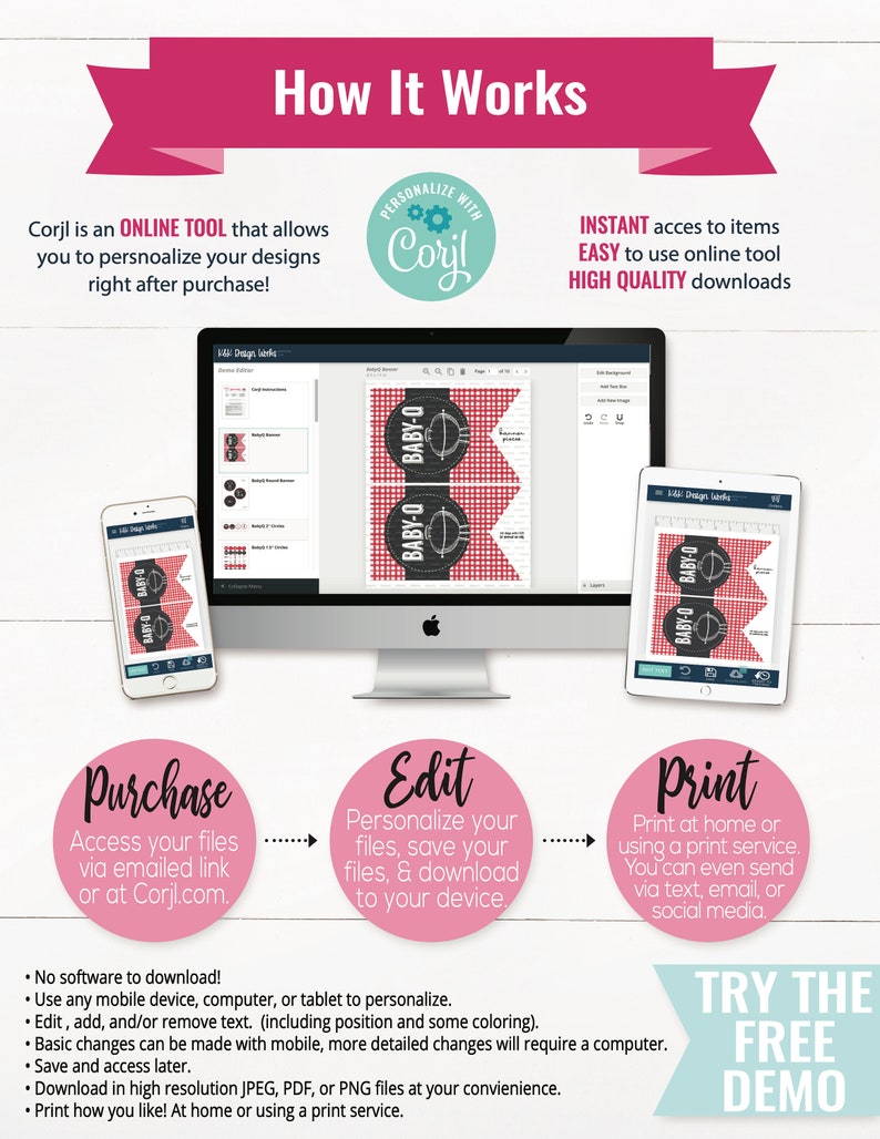 May include: How to personalize your designs using Corjl, an online tool.  The image shows a computer screen and a mobile phone displaying a design template for a baby shower.  The text on the screen says "BABY-Q".  The steps are: Purchase, Edit, and Print.