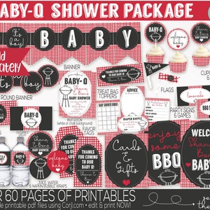 May include: A printable baby shower package with a barbecue theme. The package includes a banner, round banner, cupcake wrappers and toppers, flags, food labels, party signs and games, candy wraps, centerpieces, invitation, favor tags, treat bag toppers, advice cards, diaper raffle cards, juice and water bottle wraps, and welcome signs. The design features a red and black gingham pattern with black and white illustrations of grills and barbecue food.