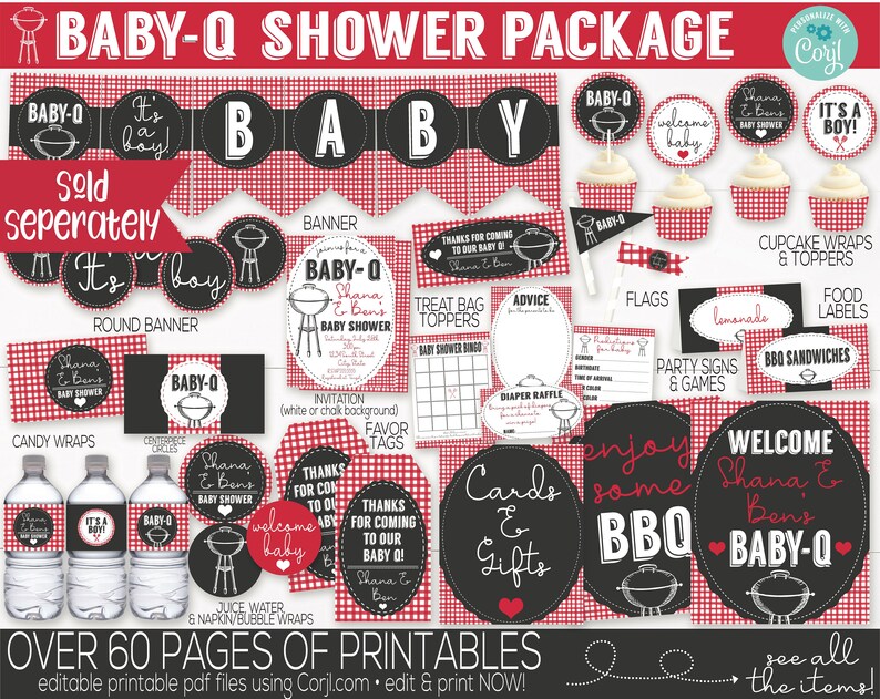 May include: A printable baby shower package with a barbecue theme. The package includes a banner, round banner, cupcake wrappers and toppers, flags, food labels, party signs and games, candy wraps, centerpieces, invitation, favor tags, treat bag toppers, advice cards, diaper raffle cards, juice and water bottle wraps, and welcome signs. The design features a red and black gingham pattern with black and white illustrations of grills and barbecue food.