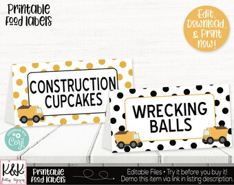 May include: Printable food labels for a construction themed party. The labels feature yellow and black polka dot backgrounds with a yellow dump truck graphic. The text on the labels reads "Construction Cupcakes" and "Wrecking Balls".