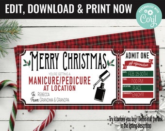 Christmas Surprise Mani Pedi Spa Trip Gift Voucher, Spa Trip Gift Printable Template Gift Card, Editable Instant Download Gift Certificate