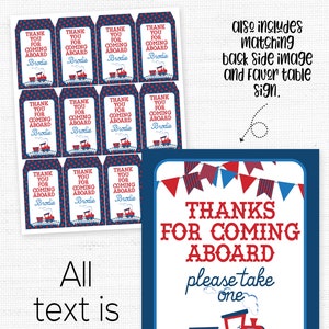 May include: Printable train-themed party favour tags with red and blue accents. The tags say "Thank you for coming aboard" and include the name "Brodie". A matching sign says "Thanks for coming aboard, please take one" with a cartoon train illustration.
