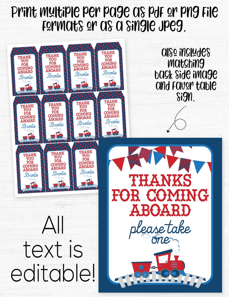 May include: Printable train-themed party favour tags with red and blue accents. The tags say "Thank you for coming aboard" and include the name "Brodie". A matching sign says "Thanks for coming aboard, please take one" with a cartoon train illustration.