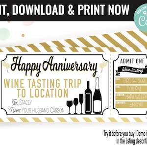 Anniversary Winery Trip Ticket Surprise Gift Voucher, Wine Tasting Printable Template Gift Card, Editable Instant Download, Gift Certificate