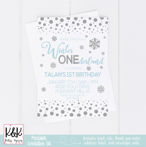 Winter Onederland Birthday Party Invitation, Boy First Birthday, 1st Birthday, Snowflake Birthday, Winter Onederland Printable Invitation Il_570xn