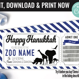 Zoo Ticket Surprise Gift Voucher, Zoo Surprise Trip Printable Template Gift Card, Editable Instant Download Certificate, Hanukkah Gift
