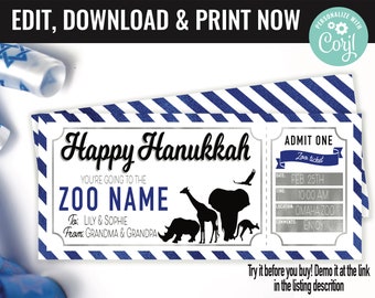 Zoo Ticket Surprise Gift Voucher, Zoo Surprise Trip Printable Template Gift Card, Editable Instant Download Certificate, Hanukkah Gift