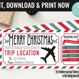 Christmas Boarding Pass Surprise Gift Voucher, Surprise Flight Trip Printable Template Gift Card, Editable Instant Download Certificate image 1