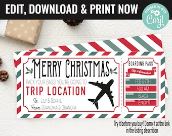 Christmas Boarding Pass Surprise Gift Voucher, Surprise Flight Trip Printable Template Gift Card, Editable Instant Download Certificate