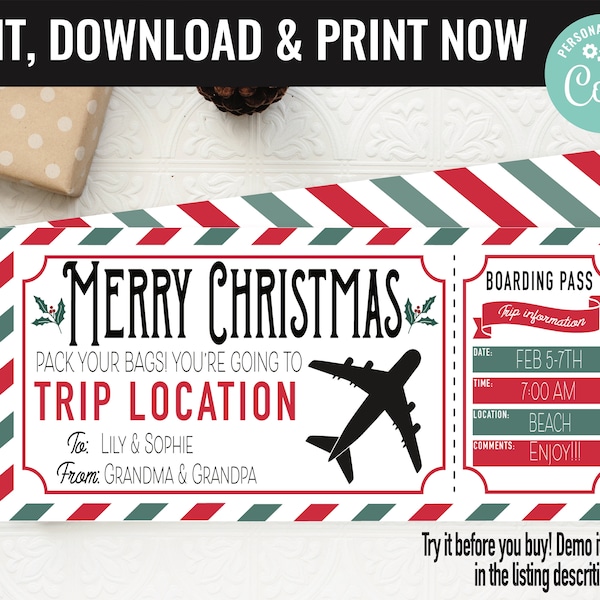 Christmas Boarding Pass Surprise Gift Voucher, Surprise Flight Trip Printable Template Gift Card, Editable Instant Download Certificate