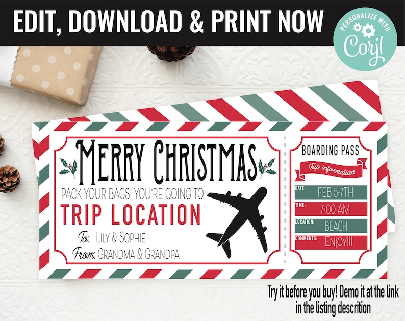 Christmas Boarding Pass Surprise Gift Voucher, Surprise Flight Trip Printable Template Gift Card, Editable Instant Download Certificate image 1