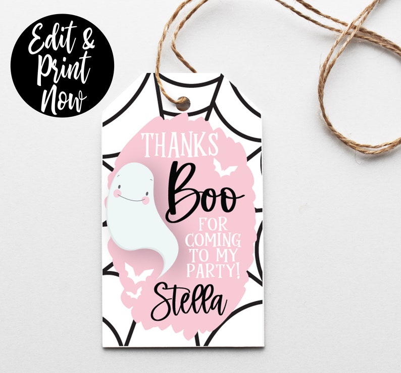 Puede incluir: Etiqueta de favor de fiesta de Halloween rosa y blanca con un fantasma y un dise&ntilde;o de telara&ntilde;a. La etiqueta dice "Gracias Boo por venir a mi fiesta! Stella"