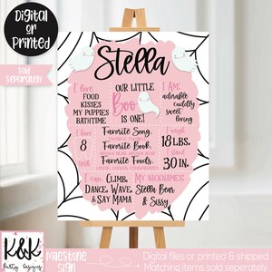Op de afbeelding: Een roze en zwarte mijlpaalposter met een spinnenwebontwerp. De poster zegt "Stella" en bevat details zoals "Onze kleine Boo is &eacute;&eacute;n!" en "Ik ben schattig, knuffelig, lief, liefdevol".