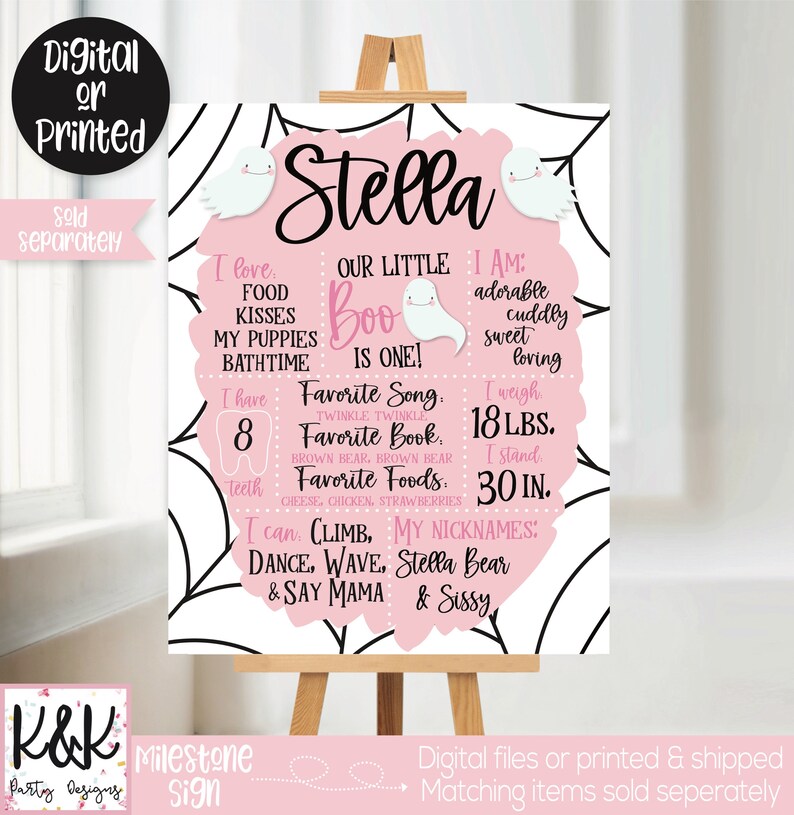 Op de afbeelding: Een roze en zwarte mijlpaalposter met een spinnenwebontwerp. De poster zegt "Stella" en bevat details zoals "Onze kleine Boo is &eacute;&eacute;n!" en "Ik ben schattig, knuffelig, lief, liefdevol".