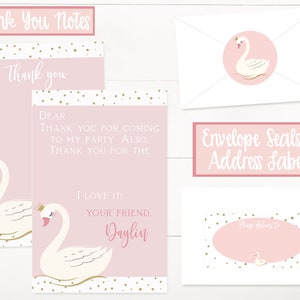 May include: Pink thank you cards with a white swan illustration and gold glitter accents. The cards say "Thank you" and "Dear Thank you for coming to my party. Also thank you for the I love it! Your friend, Daylin". The image also includes envelope seals and address labels with a swan illustration.