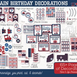 May include: A printable set of train-themed birthday party decorations in red, blue, and white. The set includes banners, cupcake wrappers, treat bag toppers, favour tags, and more. The set includes 65+ pages of decorations.