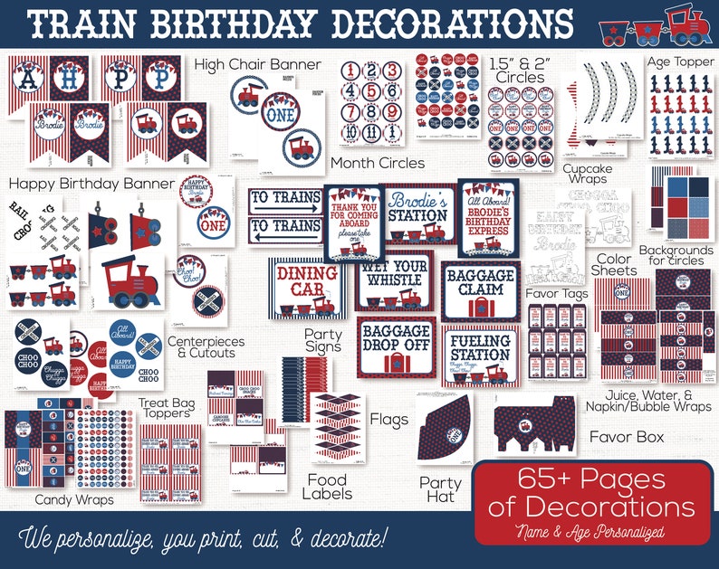 May include: A printable set of train-themed birthday party decorations in red, blue, and white. The set includes banners, cupcake wrappers, treat bag toppers, favour tags, and more. The set includes 65+ pages of decorations.