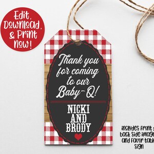 May include: Red and white checkered favor tag with a woodgrain background. The tag says "Thank you for coming to our Baby-Q! Nicki and Brody".