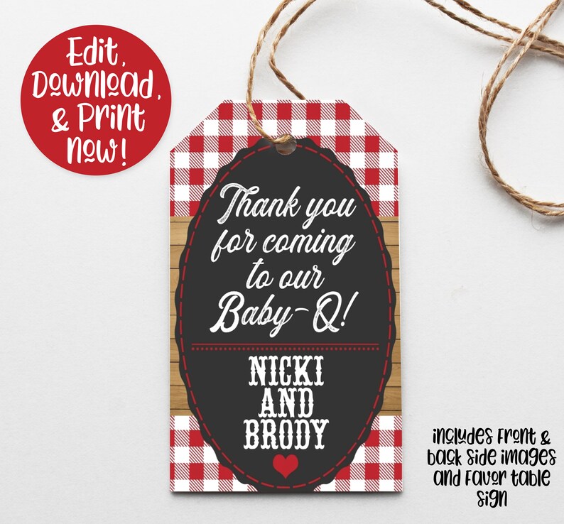 May include: Red and white checkered favor tag with a woodgrain background. The tag says "Thank you for coming to our Baby-Q! Nicki and Brody".
