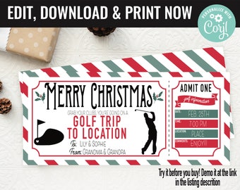 Christmas Golf Trip Surprise Gift Voucher, Golfing Trip Surprise Printable Template Gift Card, Editable Instant Download Certificate