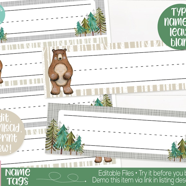 Woodland Classroom Desk Name Tag Printable, Woodland Forest Theme, Teacher Supply, Classroom Teacher Decoration and Supplies, Name Tag Label